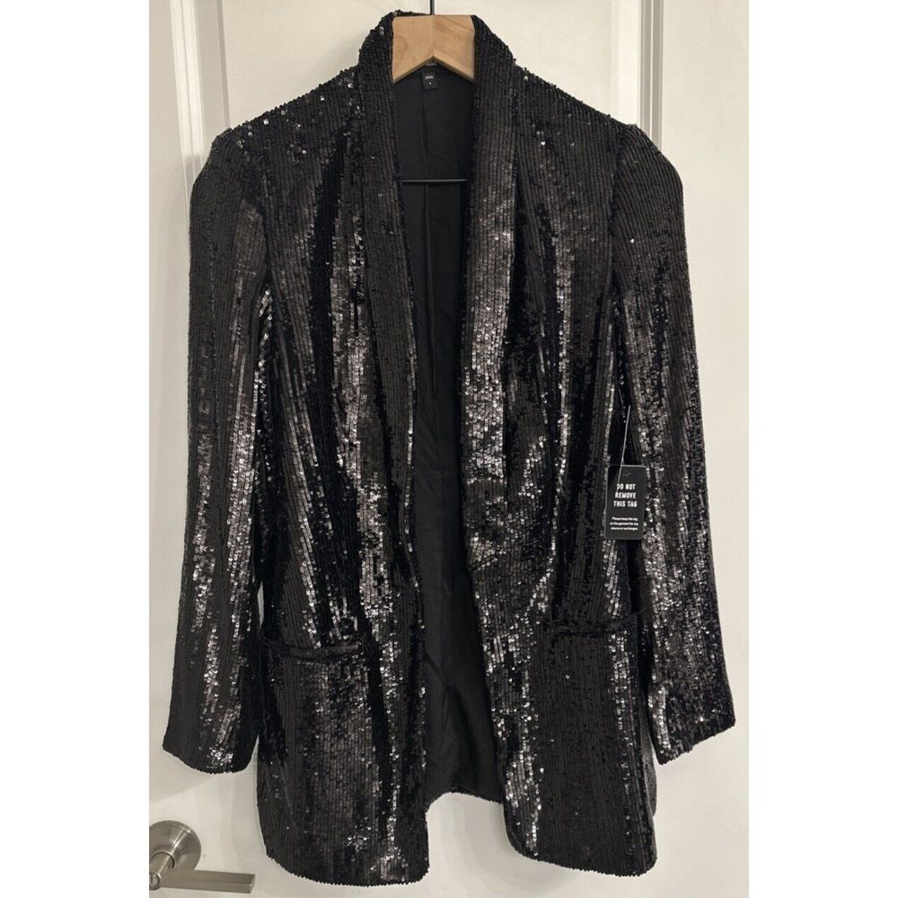 EXPRESS Black Sequin Open Face Boyfriend Tuxedo Blazer Size Small Party Shine - Picture 3 of 14